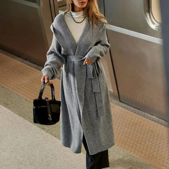 Sweaters - Grey Casual Women's Hooded Tie Bow Placket Belted Extra Long Cardigan Sweater